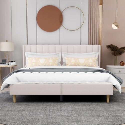 Image of Low Profile Upholstered Platform Bed with Winback Headboard | Bed King Size | Bed Without Storage | Upholstered Beds King Size | Mattress not Included | Finish Color:- Cream
