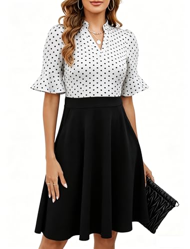 Image of Mokayee Womens Summer V Neck Ruffle Short Sleeve Fit and Flare Knee Length Church Wedding Guest Dresses with Pockets