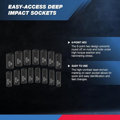 Image of NEIKO 02474A 1 /2 inch Impact Socket Set, 15 Piece Metric Socket Set 10-24 mm, Deep Sockets, 6 Point, 1 /2 inch Drive Sockets for 1 /2 inch Impact Wrench, Chrome Vanadium Cr-V
