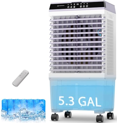 Mountman Swamp Cooler, 1800 CFM Evaporative Cooler 5.3 Gal Water Tank, 6 Ice Packs, 2 Modes, 3...