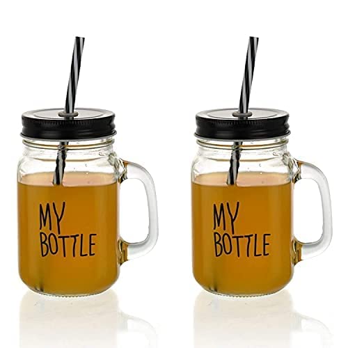 Satyam Kraft 430 Ml Mason Glass Jar Mug With Straw -2 Pcs