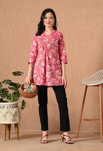 Image of Amazon Brand - Tavasya Women Ethnic Printed V-Neck Cotton Short A-line Kurta | Stylish Casual Everyday Office Top | 3 /4th Sleeve | Regular Fit