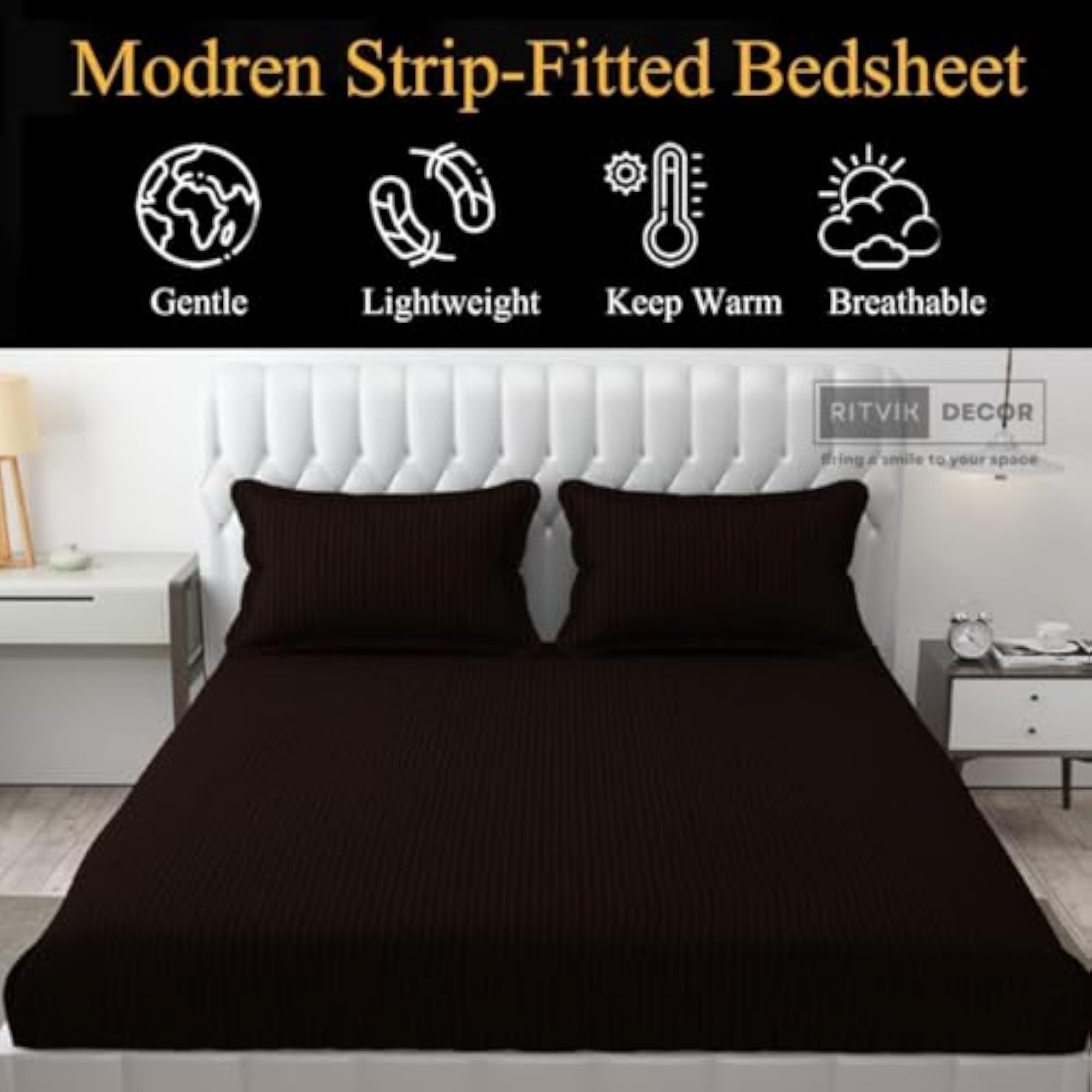 Satin Striped Elastic Fitted Bed Sheets King Size with Two Pillow Covers