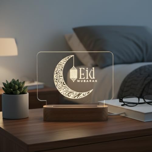 Image of Giftana Eid Mubarak LED Acrylic Night Lamp with Wooden Base - Decorative Moon Lamp with Warm Light - Eid Mubarak Gift for Men, Women & Friends - Eid Decoration Gift for Home, Bedroom & Table Decor