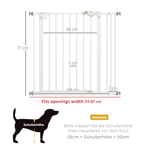 PawHut Türschutzgitter Treppenschutzgitter mit 7 cm Verlängerung Türgitter ohne Bohren mit Auto-Close Treppengitter für Breiten 74-87 cm Beidseitig Schwenkbar Metall Weiß