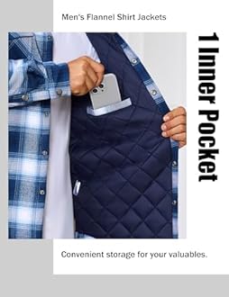 EKLENTSON Men's Flannel Shirt Jacket Quilted Lined Plaid Coats Warm Winter Jacket Thick Button Down Coat with 5 Pockets