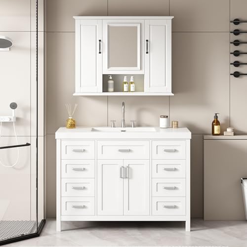 36x28 Inch Medicine Cabinet with Mirror, Wall-Mounted Wood Bathroom Storage Cabinet with Adjustable Shelf and 3 Doors for Laundry Kitchen, White by Merax - Used condition - Image 2