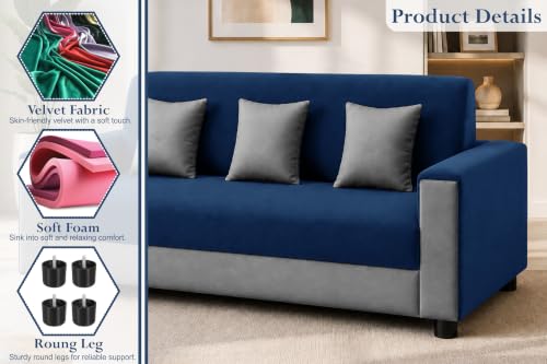 Image of 3 Seater Wooden Sofa | Velvet Fabric Couch with Cushions | Comfortable Living Room Sofa | Sturdy Wooden Frame | Home & Office Furniture | Blue & Grey