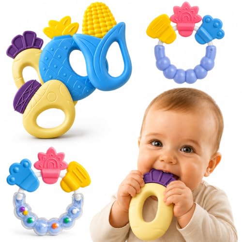 Mordedor e Chocalho Bebê Kit 5 Peças Silicone Texturizado Frutas Argola