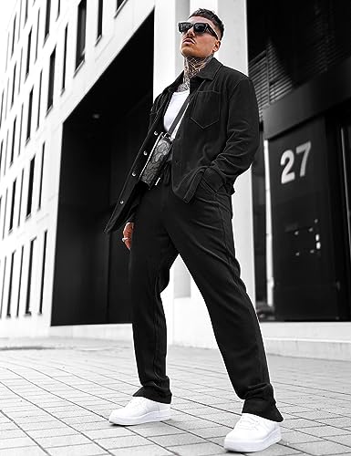 LecGee Men's 2 Piece Corduroy Shacket and Pants Outfits Long Sleeve Causal Autumn Winter Jacket Tracksuit Overshirt Set2