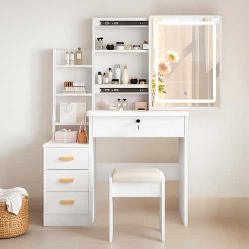 DATO Coiffeuse avec éclairage LED, 3 températures de couleur et luminosité réglable, coiffeuse avec tabouret, table de maquillage avec 5 tiroirs et 3...