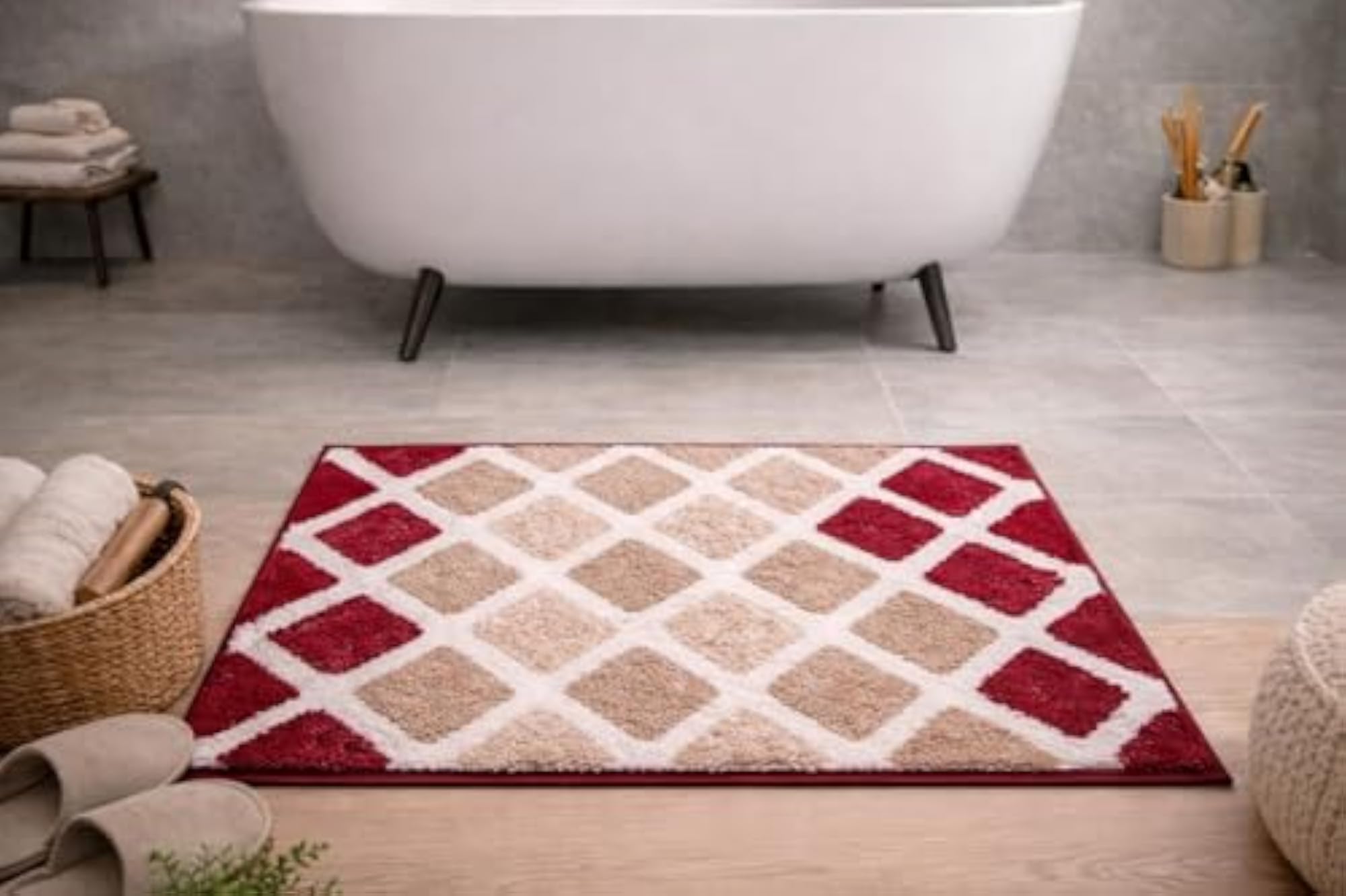 Microfiber Shaggy Red Diamond Pattern Bath Mat