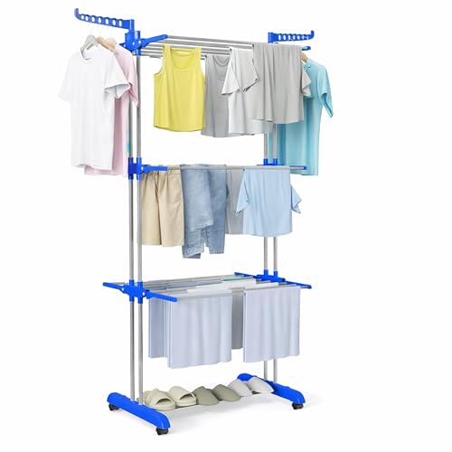 Image of JIALTO Heavy Duty Foldable Clothes Drying Rack for Laundry | 3-Tier Garment Hanger Stand with Wheels | Indoor Outdoor Use | Adjustable Shelves & Arms for Towels, Shirts, Pants