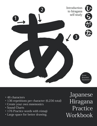 Japanese Hiragana Practice Workbook: Learn Hiragana Workbook for Self-Study, 46 Characters, 136 Repetitions per Character, Sound Charts, Practice ... Large Space for Better Drawing, 8.5 X 11”.