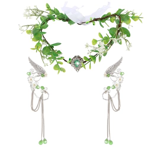 CIEHER Elf Tiara & Elf Ears �J�t�Z�b�g - �t�F�A���[���[�t�N���E�� �N���X�^�� �w�b�h�s�[�X �����p �K�[���Y �G���t�̗� �C���[�J�t �G���t�̉��� �n���E�B���R�X�`���[���R�X�v���p - �O���[��&�V���o�[
