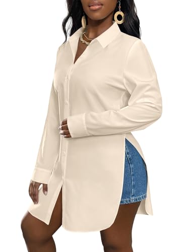Image of LYANER Women's Collar Neck Long Sleeve Button Down Shirts Sexy Split Hem Tops Long Blouse Shirt Dress