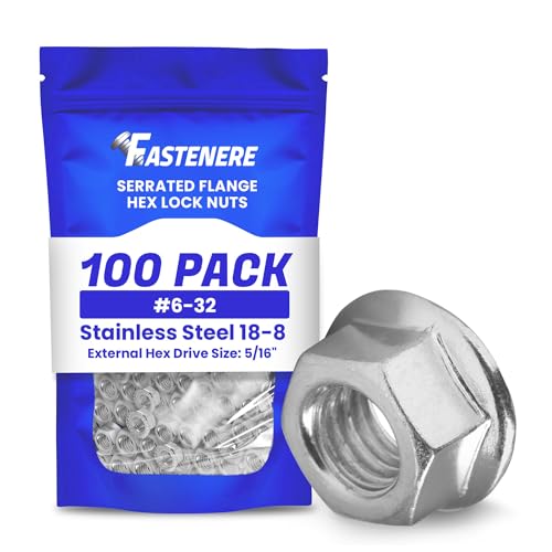 Fastenere Serrated Flange Nuts – #6-32 (100 Pack), Durable Stainless Steel 18-8 Hex Lock Hardware Nuts, Corrosion-Resistant, Coarse Plain Finish for Home, Automotive & Industrial Use