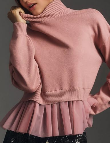 MISSACTIVER Women’s Turtleneck Patchwork Peplum Sweater Cute Flowy Ruffle Hem Babydoll Knit Pullover Sweater Fall Outfit2