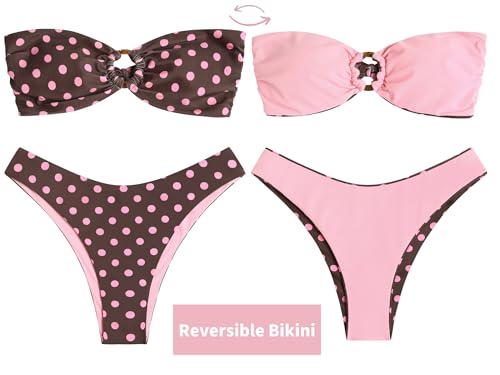 Image of ZAFUL Women's Bandeau Bikini O Ring Strapless Tie Back High Cut Two Piece Swimsuit Bathing Suits