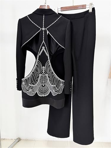 Women's Designer Suit Set Hollow Out Luxury Diamond Crystal Lapel Blazer Pants Set Chic Female 2 Piece Sets4