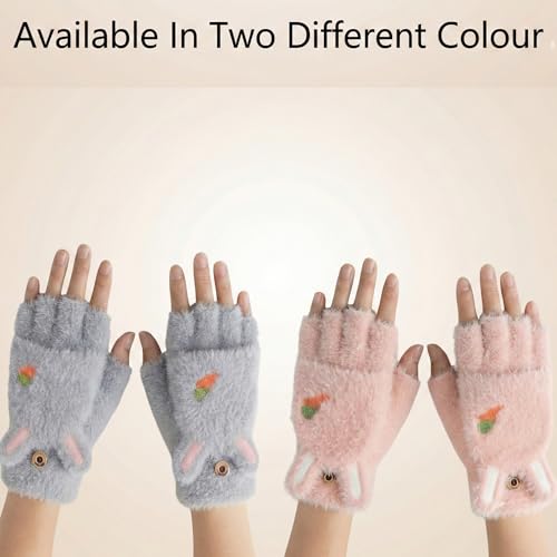 Image of Kraptick Cute Bunny Winter Gloves for Women & Girls - Fluffy Convertible Flip Top Mittens - Warm Fingerless Knitted Woolen Hand Warmer with Button Flap for Typing & Driving (Free Size, Pink)-5