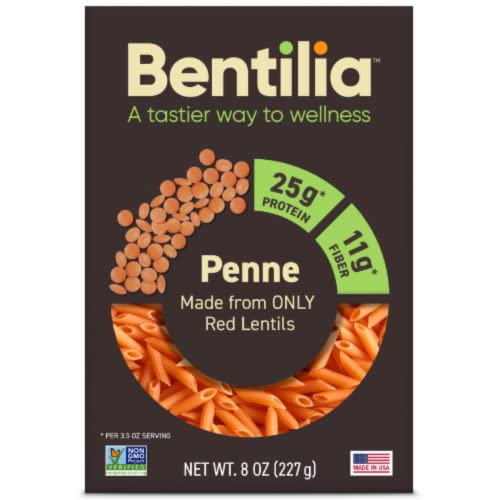 Bentilia Penne Gluten-Free Red Lentil Pasta, Non-GMO, Vegan, Healthy, High Protein and Fiber, Clean Label, Plant-Based and Made in the USA (8-Ounce Box, Set of 6)