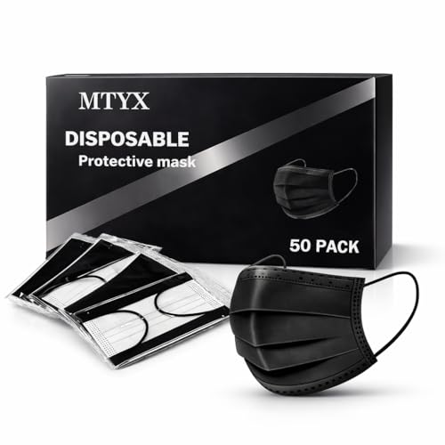 MTYX Black Disposable Face Masks, 50 Pack, Individually Wrapped, 3 Ply Breathable, Odor Free, Comfortable for Office, Travel & Daily Use