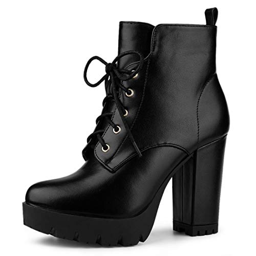 Allegra K Allegra K Women's Round Toe Chunky Heel Lace Up Black Platform Boots 9.5 M US
