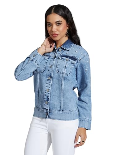 Image of Miss Chase Women's Polo Neck Full Sleeves Patch Pocket Denim Overcoat Knee-Length Jacket