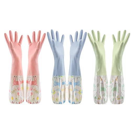 [Adetina] ゴム手袋 ロング キッチングローブ 食器洗い 裏起毛 厚手 おしゃれ 炊事 掃除用 3色セット