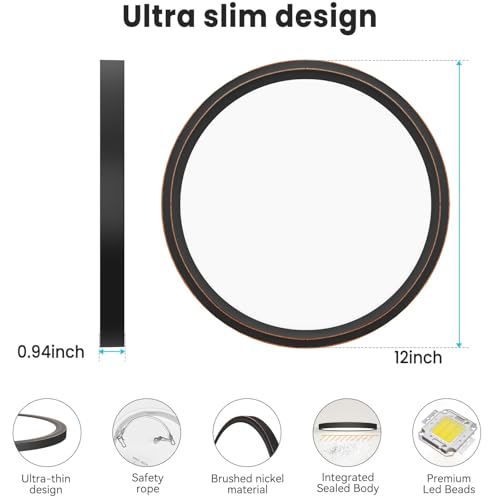 Image of libtit 12 inch Flush Mount LED Ceiling Light Fixture, 3000K 4000K 6500K Adjustable, 28W 3200lm Oil Rubbed Bronze Round Lighting Fixtures for Bathroom Shower Hallway Kitchen, 2 Pack