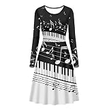 Aoopistc Music Notes Dress Piano Keys Dresses for Women Long Sleeve Elastic Sundress Music Teacher Regular Fit Dress for Daily Work Black White Dresses Flared Midi Crewneck Beachwear