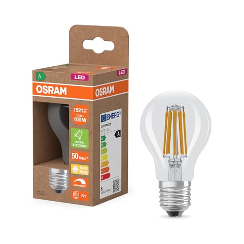 OSRAM Bombilla LED Classic A100 Filamento, 7,2 W, E27, transparente, 1521 lm, alta luminosidad, adecuada para luminarias grandes, iluminación de áreas