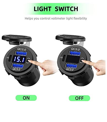 SUTNSCW 12V USB Outlet, Dual USB Quick Charge 3.0 Port & PD USB C Car Charger Socket with Voltmeter and Power Switch for Car Boat Marine Truck 2 Pack