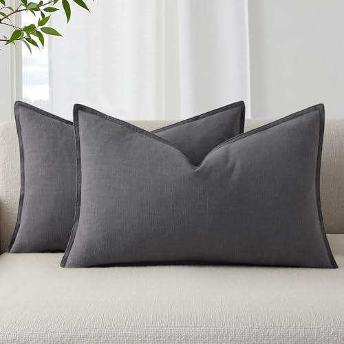 Image of decorUhome Decorative Linen Throw Pillow Covers 12x20 Inch Set of 2 Dark Grey Lumbar Pillow Covers with Flange Edges Soft Farmhouse Boho Accent Pillow Cases for Couch Bed Living Room