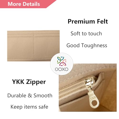 Doxo Purse Organizer Insert for Handbags & Tote,Felt bag organizer with Zippers,Fit LV Nice Mini and More.（Beige-Felt - Thumbnail 4