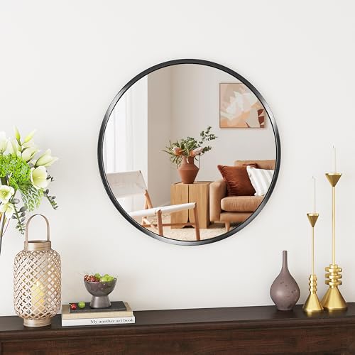 SDXYSTCE Espejo redondo de 50 cm, espejo de pared negro con marco de aleación de aluminio, espejo redondo de diseño moderno para baño, salón, dormitorio, decoración de pared de entrada