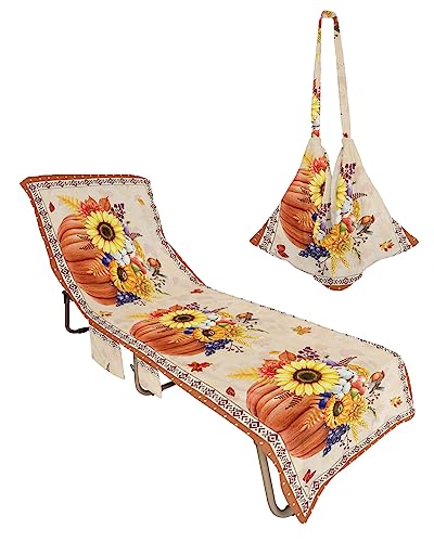 Boho Pumpkin Beach Chair Towel Covers for Chaise Lounge with Side Pocket, Soft Plush Pool Towels Cover for Patio Sunbathing Outdoor 29''x85'' Thanksgiving Fall Southwest Sunflower