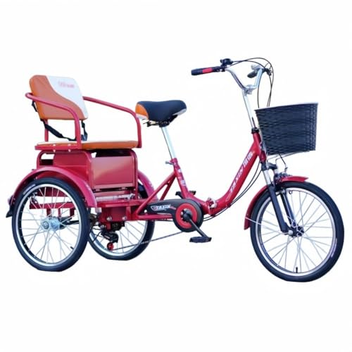 VGVG 高齢者用三輪車 三輪自転車ペダル 自転車6段階のギア変速、自転車、折りたたみ収納、ダブルブレーキ、スクーター、後部座席付き、折りたたみ式シート、人を乗せられる、高炭素鋼フレーム、滑り止めハンドル、高さ調節可能 (レッド)
