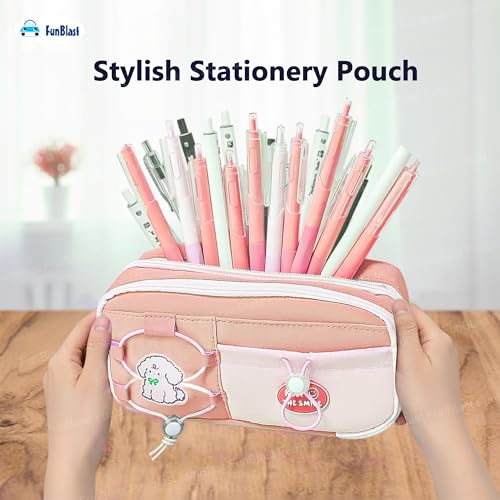 Image of FunBlast Pencil Pouch for Girls - Aesthetic Multi-Compartment Zipper Pouch with Drawstring Pocket, Cute Kawaii Pencil Case, Stylish Stationery Pouch, Return Gift for Kids & School Use (Pink)