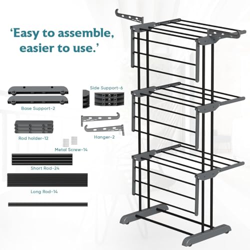 Image of TEKCOOL Foldable Cloth Drying Stand Stainless Steel - 3 Tier Heavy-Duty Clothes Dryer for Balcony, Indoor & Outdoor Use | with Wheels & Hanger Slots | Rust-Proof Laundry Rack (Grey, 3 TIRE):;