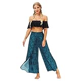 Womens Palazzo Split Side Pants Loose Beach Flowy Boho Yoga Clothes Sea Blue Floral Small