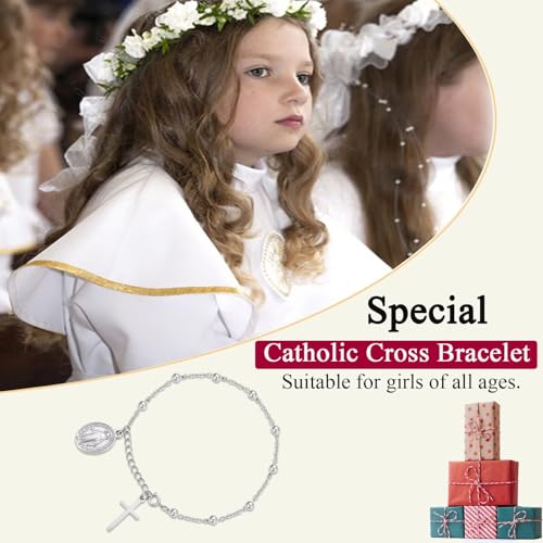 Image of Catholic Gifts for Girl Virgin Mary Christian Cross Bracelet First Communion Baptism Confirmation Gifts For Teen Girls Link Jewelry