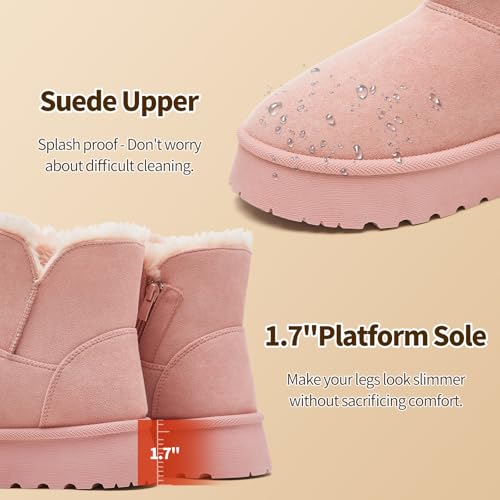 Image of THATXUAOV Womens Ankle Winter Boots, Anti-Slip Suede Mini Boot For Women,Side Zipper Platform Slip On Snow Boots With Fur Lining