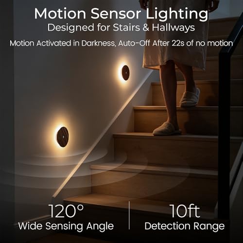 Image of Motion Sensor Night Light Wood Rechargeable Battery-Powered Stick-On Step Lights Magnetic Closet Warm Nightlight for Hallway Bedroom Stair (2 Pack Black Walnut)