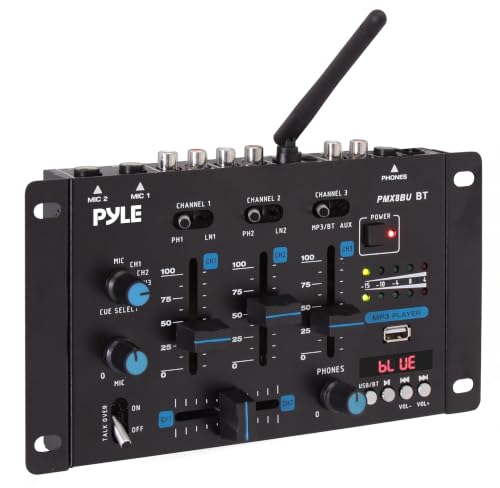 Pyle 3-Channel Professional DJ Mixer w/ Bluetooth - Dual Balanced Mic Inputs w/ Talkover, USB-A MP...