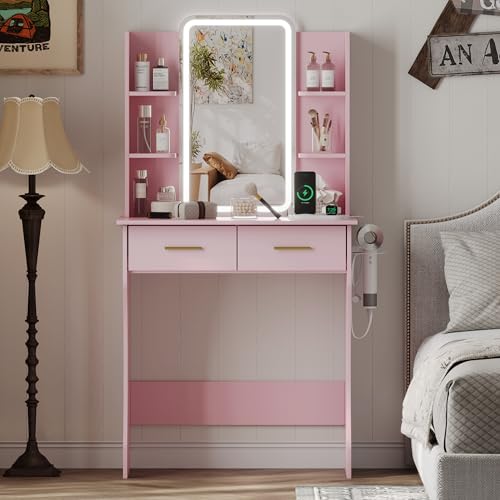 Image of HUANLEGO Small Pink Vanity Desk with Mirror and Lights for Women Girls | Vanity Mirror with Lights, 3 Lighting Adjustable, LED Light Strips, Built-in Power Outlet, Compact Dressing Table For Girls