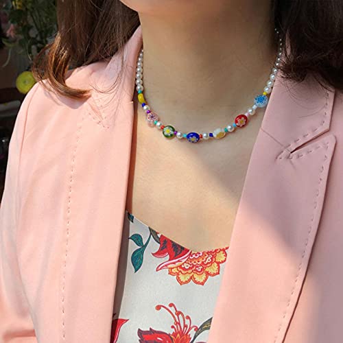 Collier perles fleurs transparentes et chaîne métal style coréen pour fête