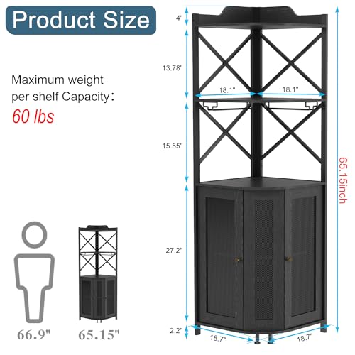 JKsmart Corner Bar Cabinet with LED Lights, 5-Tier Industrial Wine Bar Cabinet with Glass Holder, Farmhouse Liquor Cabinets with Shelf and Door, Home Bar for Coffee Bars, Black