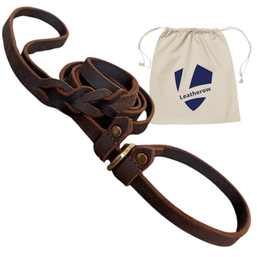 Premium Leather Dog Training Slip Leash, 1/2 Inch Wide, Heavy Duty Lead, Adjustable with Slider...
